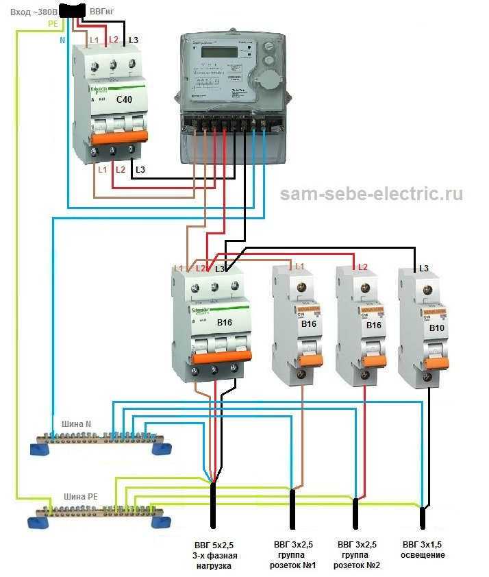 Схема подключения трехфазного счетчика к сети 220 и 380 вольт