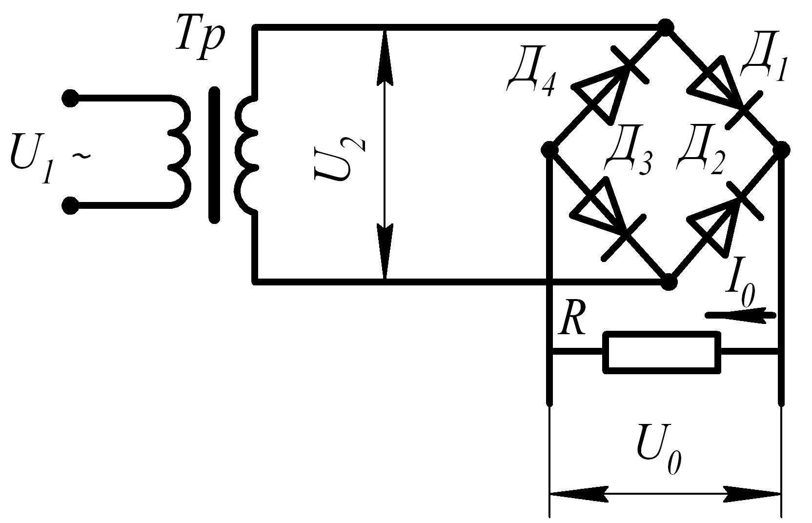 На рисунке изображена схема выпрямителя однополупериодного выпрямителя