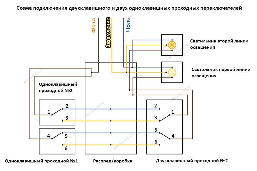 Схема подключения проходного выключателя с 2х мест: порядок выполнения монтажных работ