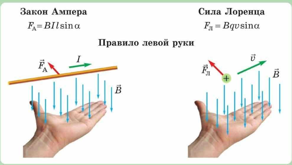 Правило лоренца и ампера. Сила Ампера и сила Лоренца правило левой руки. Сила Лоренца правило левой руки. Правило левой руки сила Лоренца физика 9 класс. Правило левой руки для силы Ампера и Лоренца.