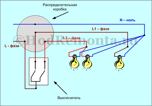 Схема подключения двухклавишного выключателя на две лампочки: инструкция электромонтажа